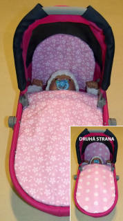 Perinky do kočíka pre bábiky Kvietky ružová/Bodky ružová